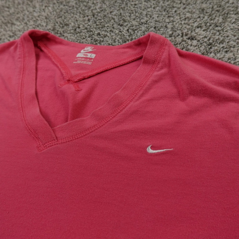 Nike Shirt Womens L Pink V Neck Swoosh Logo Performance Active Athletic Stretch